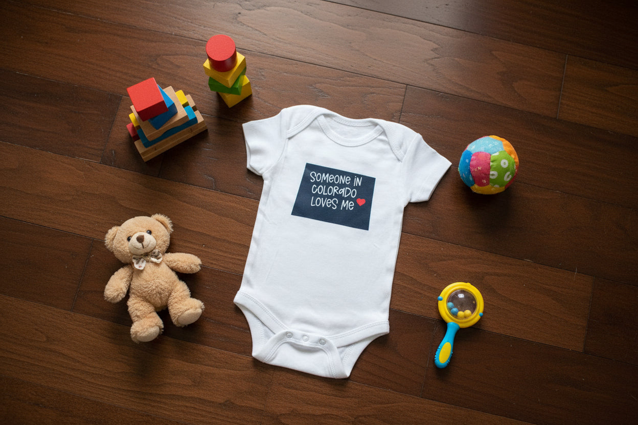 White baby onesie the outline of state of Colorado that says 'Someone in Colorado loves me'
